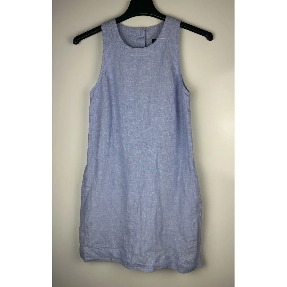 J.crew 100% Linen Button Back Shift Dress in Beauchamps J2466 Blue Size XS - Picture 2 of 12